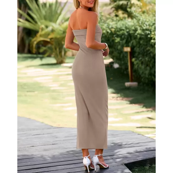 BTFBM Womens Strapless Tube Dress 2024 Summer Knit Backless Slit Formal Bodycon Wedding Cocktail Party Maxi DressesSolid Khaki