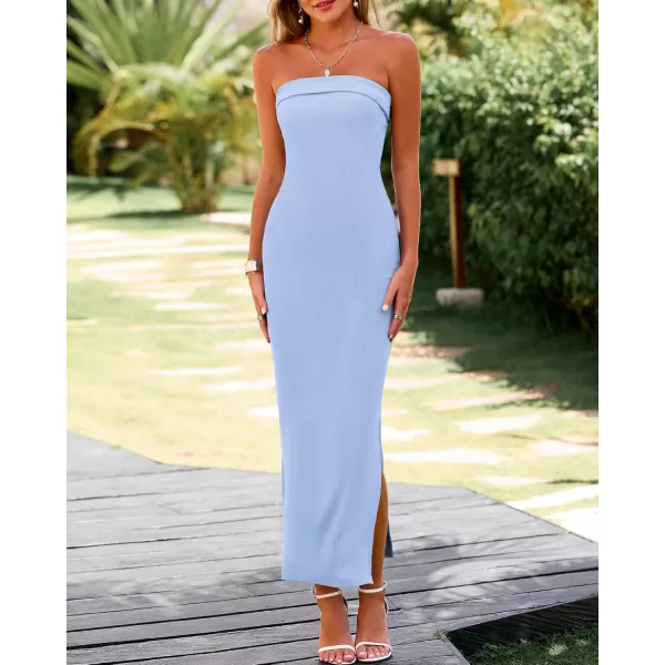BTFBM Womens Strapless Tube Dress 2024 Summer Knit Backless Slit Formal Bodycon Wedding Cocktail Party Maxi DressesSolid Light Blue