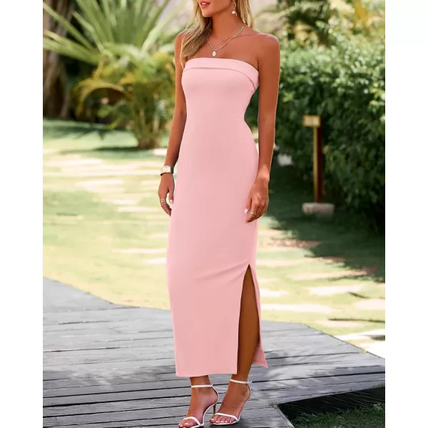 BTFBM Womens Strapless Tube Dress 2024 Summer Knit Backless Slit Formal Bodycon Wedding Cocktail Party Maxi DressesSolid Pink