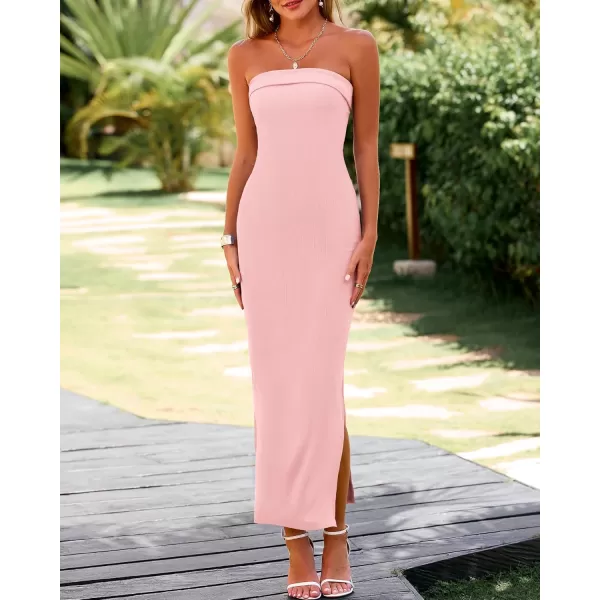 BTFBM Womens Strapless Tube Dress 2024 Summer Knit Backless Slit Formal Bodycon Wedding Cocktail Party Maxi DressesSolid Pink