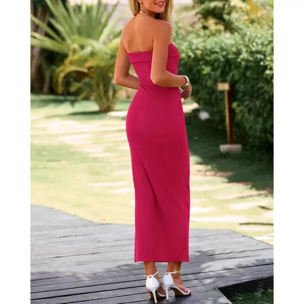 BTFBM Womens Strapless Tube Dress 2024 Summer Knit Backless Slit Formal Bodycon Wedding Cocktail Party Maxi DressesSolid Rose Red