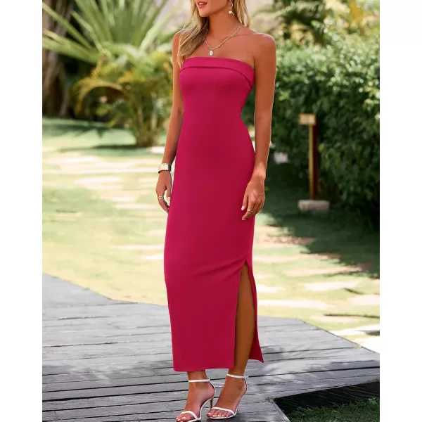 BTFBM Womens Strapless Tube Dress 2024 Summer Knit Backless Slit Formal Bodycon Wedding Cocktail Party Maxi DressesSolid Rose Red