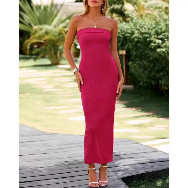 BTFBM Womens Strapless Tube Dress 2024 Summer Knit Backless Slit Formal Bodycon Wedding Cocktail Party Maxi DressesSolid Rose Red