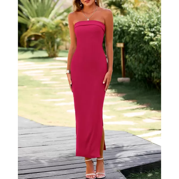 BTFBM Womens Strapless Tube Dress 2024 Summer Knit Backless Slit Formal Bodycon Wedding Cocktail Party Maxi DressesSolid Rose Red