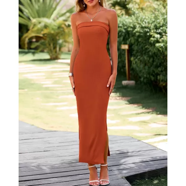 BTFBM Womens Strapless Tube Dress 2024 Summer Knit Backless Slit Formal Bodycon Wedding Cocktail Party Maxi DressesSolid Rust Red