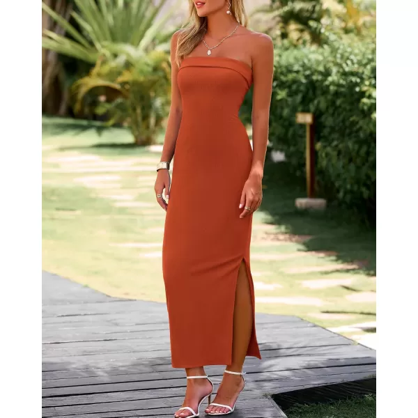 BTFBM Womens Strapless Tube Dress 2024 Summer Knit Backless Slit Formal Bodycon Wedding Cocktail Party Maxi DressesSolid Rust Red