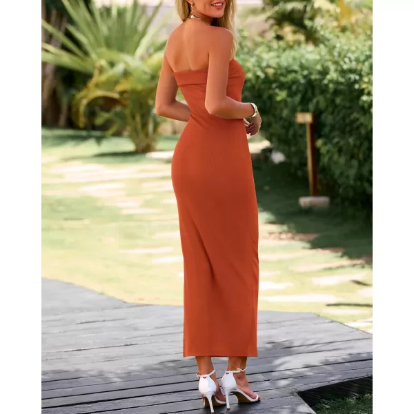 BTFBM Womens Strapless Tube Dress 2024 Summer Knit Backless Slit Formal Bodycon Wedding Cocktail Party Maxi DressesSolid Rust Red