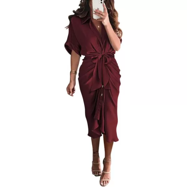 BTFBM 2024 Women Button Down Ruched Shirt Dresses Short Sleeve Lapel V Neck Elegant Party Spring Summer Maxi Satin DressShort Sleeve Dark Wine Red