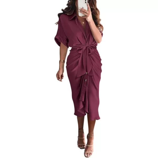 BTFBM 2024 Women Button Down Ruched Shirt Dresses Short Sleeve Lapel V Neck Elegant Party Spring Summer Maxi Satin DressShort Sleeve Purple Red
