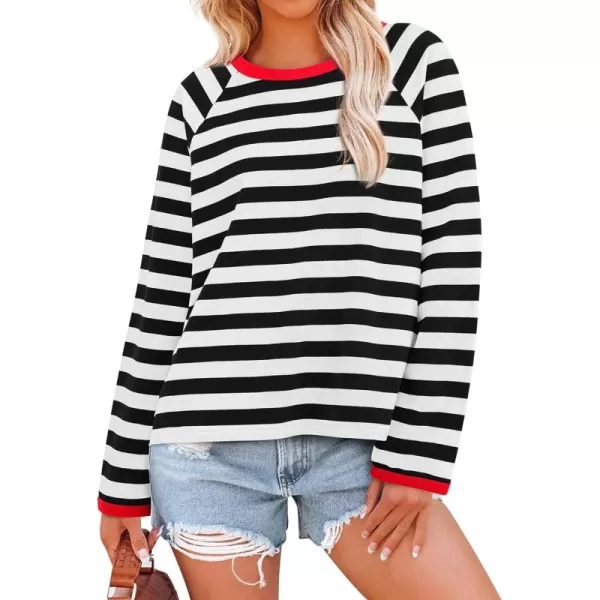 BTFBM Long Sleeve Shirts for Women Casual Tops Crew Neck Loose Color Block Striped Shirt Top Pullover 2024 Fall ClothesBlack White