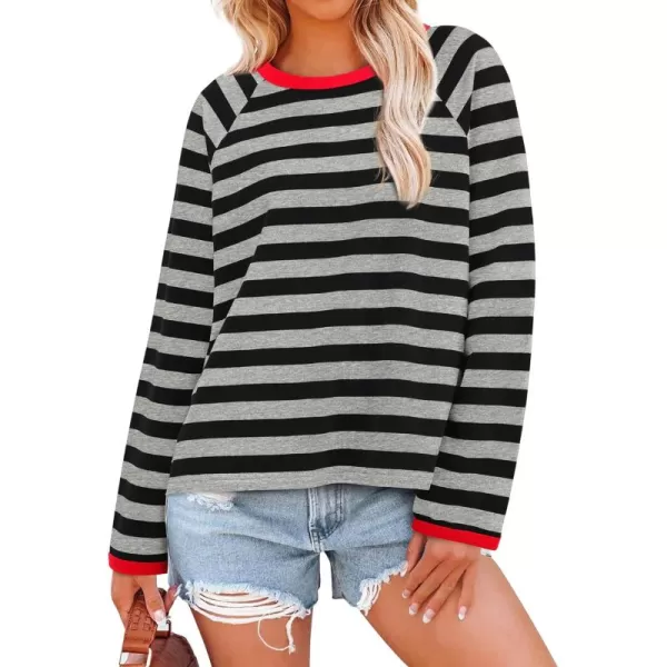 BTFBM Long Sleeve Shirts for Women Casual Tops Crew Neck Loose Color Block Striped Shirt Top Pullover 2024 Fall ClothesGrey Black