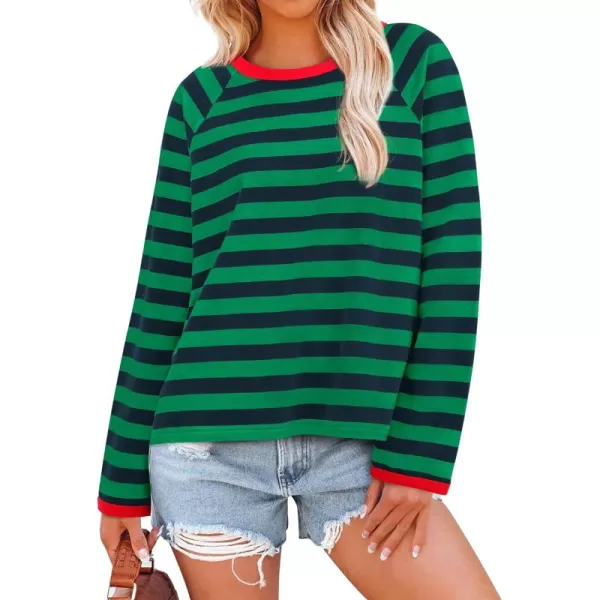 BTFBM Long Sleeve Shirts for Women Casual Tops Crew Neck Loose Color Block Striped Shirt Top Pullover 2024 Fall ClothesNavy Green