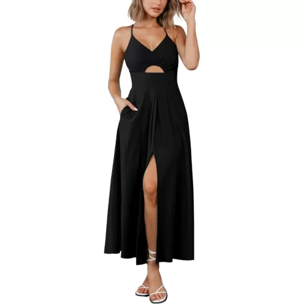BTFBM Women 2024 Summer Spaghetti Strap Dress Sleeveless V Neck Cutout Slit Casual Beach Party Maxi Dresses with PocketsSolid Black