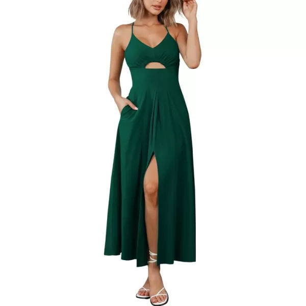 BTFBM Women 2024 Summer Spaghetti Strap Dress Sleeveless V Neck Cutout Slit Casual Beach Party Maxi Dresses with PocketsSolid Dark Green