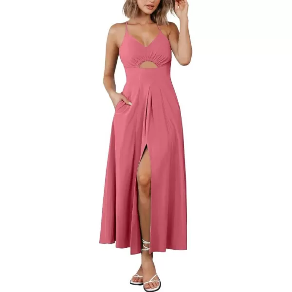 BTFBM Women 2024 Summer Spaghetti Strap Dress Sleeveless V Neck Cutout Slit Casual Beach Party Maxi Dresses with PocketsSolid Dark Pink