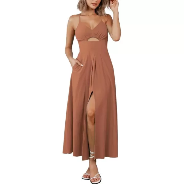 BTFBM Women 2024 Summer Spaghetti Strap Dress Sleeveless V Neck Cutout Slit Casual Beach Party Maxi Dresses with PocketsSolid Light Brown