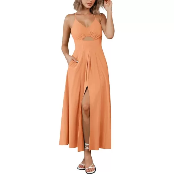 BTFBM Women 2024 Summer Spaghetti Strap Dress Sleeveless V Neck Cutout Slit Casual Beach Party Maxi Dresses with PocketsSolid Light Orange
