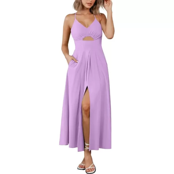 BTFBM Women 2024 Summer Spaghetti Strap Dress Sleeveless V Neck Cutout Slit Casual Beach Party Maxi Dresses with PocketsSolid Light Purple