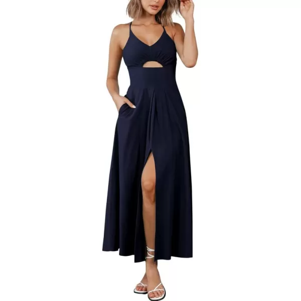 BTFBM Women 2024 Summer Spaghetti Strap Dress Sleeveless V Neck Cutout Slit Casual Beach Party Maxi Dresses with PocketsSolid Navy
