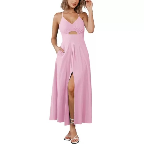 BTFBM Women 2024 Summer Spaghetti Strap Dress Sleeveless V Neck Cutout Slit Casual Beach Party Maxi Dresses with PocketsSolid Pink