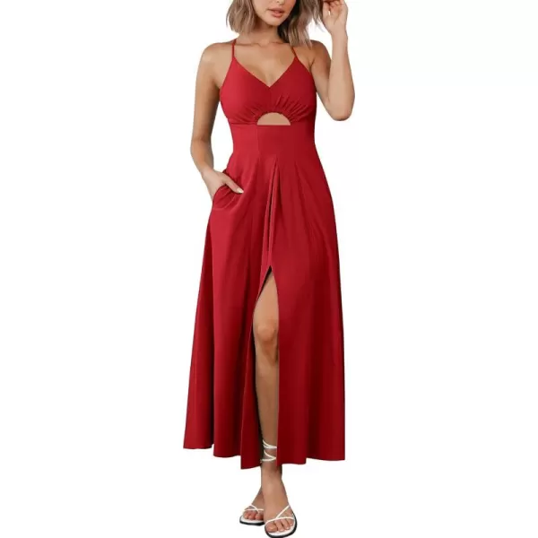 BTFBM Women 2024 Summer Spaghetti Strap Dress Sleeveless V Neck Cutout Slit Casual Beach Party Maxi Dresses with PocketsSolid Red