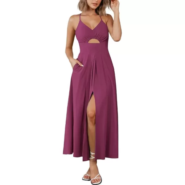 BTFBM Women 2024 Summer Spaghetti Strap Dress Sleeveless V Neck Cutout Slit Casual Beach Party Maxi Dresses with PocketsSolid Rose Purple