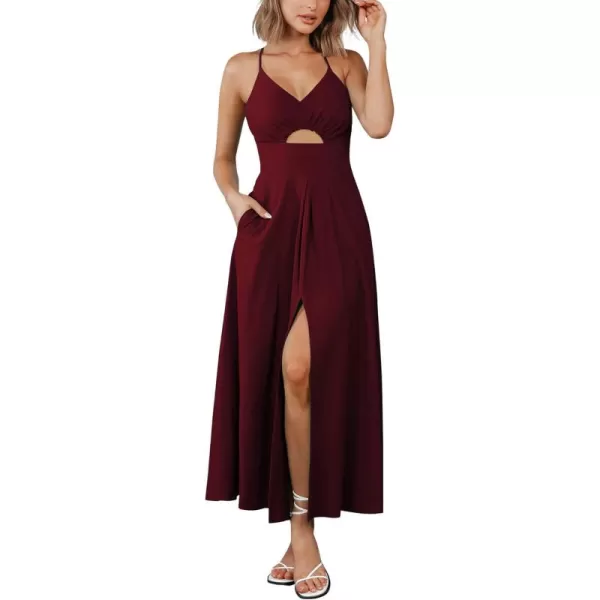BTFBM Women 2024 Summer Spaghetti Strap Dress Sleeveless V Neck Cutout Slit Casual Beach Party Maxi Dresses with PocketsSolid Wine Red