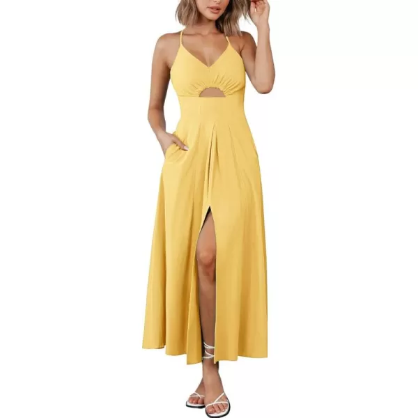 BTFBM Women 2024 Summer Spaghetti Strap Dress Sleeveless V Neck Cutout Slit Casual Beach Party Maxi Dresses with PocketsSolid Yellow