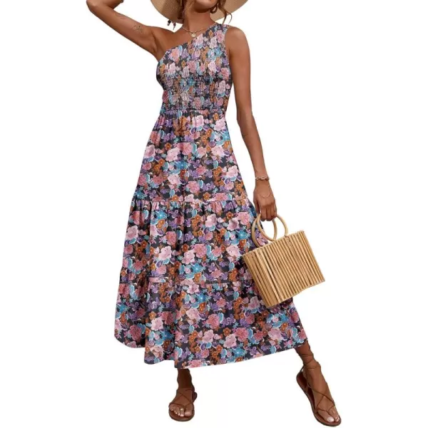 BTFBM Women One Shoulder Summer Dresses 2024 Sleeveless Casual High Waist Floral Flowy Beach Boho Smocked Maxi DressFloral Black Pink Blue