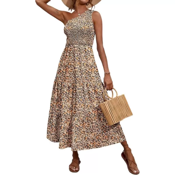 BTFBM Women One Shoulder Summer Dresses 2024 Sleeveless Casual High Waist Floral Flowy Beach Boho Smocked Maxi DressFloral Black Yellow