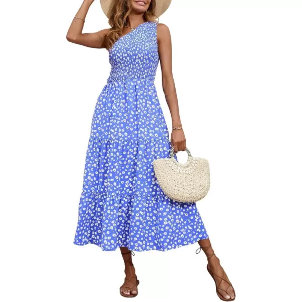 BTFBM Women One Shoulder Summer Dresses 2024 Sleeveless Casual High Waist Floral Flowy Beach Boho Smocked Maxi DressFloral Blue White