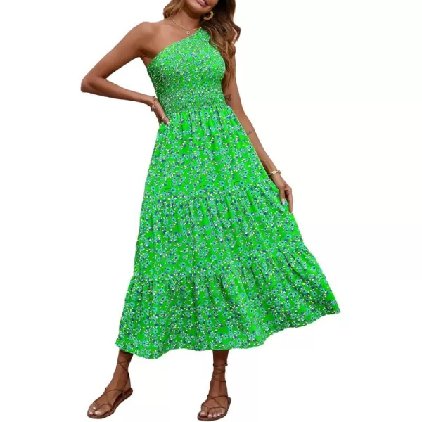 BTFBM Women One Shoulder Summer Dresses 2024 Sleeveless Casual High Waist Floral Flowy Beach Boho Smocked Maxi DressFloral Green Blue
