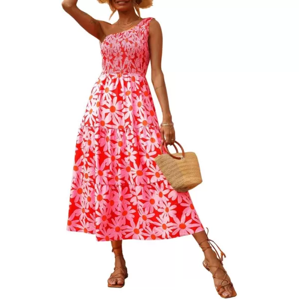 BTFBM Women One Shoulder Summer Dresses 2024 Sleeveless Casual High Waist Floral Flowy Beach Boho Smocked Maxi DressFloral Red