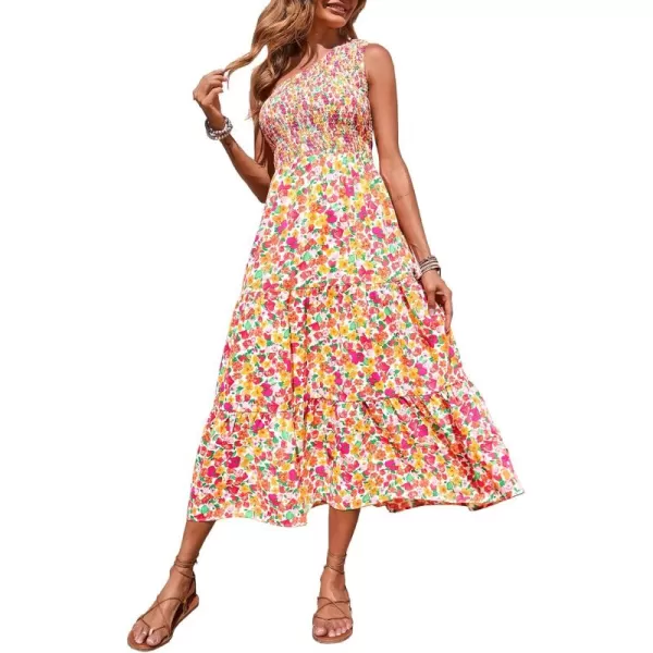 BTFBM Women One Shoulder Summer Dresses 2024 Sleeveless Casual High Waist Floral Flowy Beach Boho Smocked Maxi DressFloral White Red