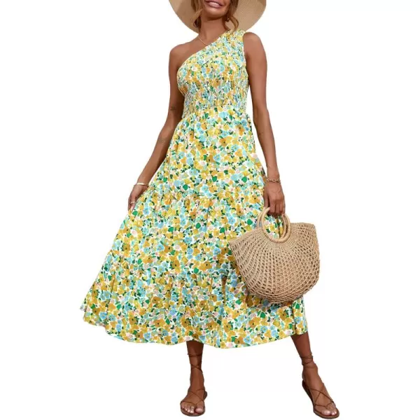 BTFBM Women One Shoulder Summer Dresses 2024 Sleeveless Casual High Waist Floral Flowy Beach Boho Smocked Maxi DressFloral White Yellow