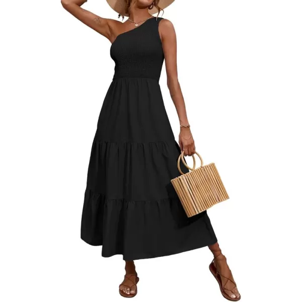 BTFBM Women One Shoulder Summer Dresses 2024 Sleeveless Casual High Waist Floral Flowy Beach Boho Smocked Maxi DressSolid Black