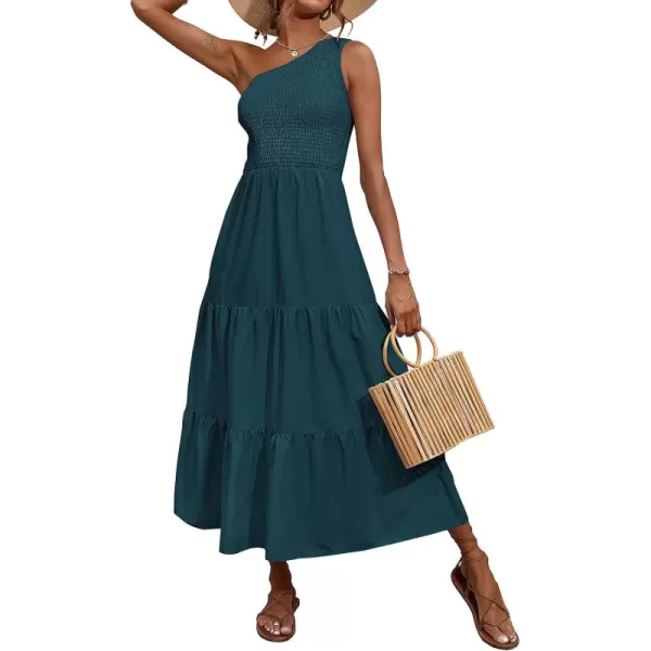 BTFBM Women One Shoulder Summer Dresses 2024 Sleeveless Casual High Waist Floral Flowy Beach Boho Smocked Maxi DressSolid Grey Blue