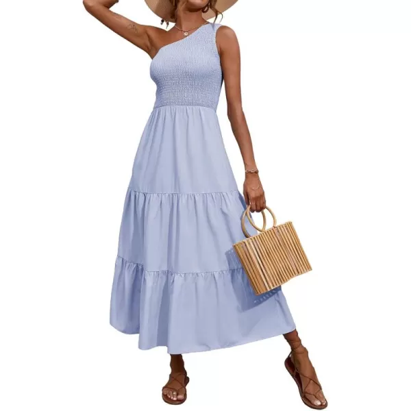 BTFBM Women One Shoulder Summer Dresses 2024 Sleeveless Casual High Waist Floral Flowy Beach Boho Smocked Maxi DressSolid Light Blue