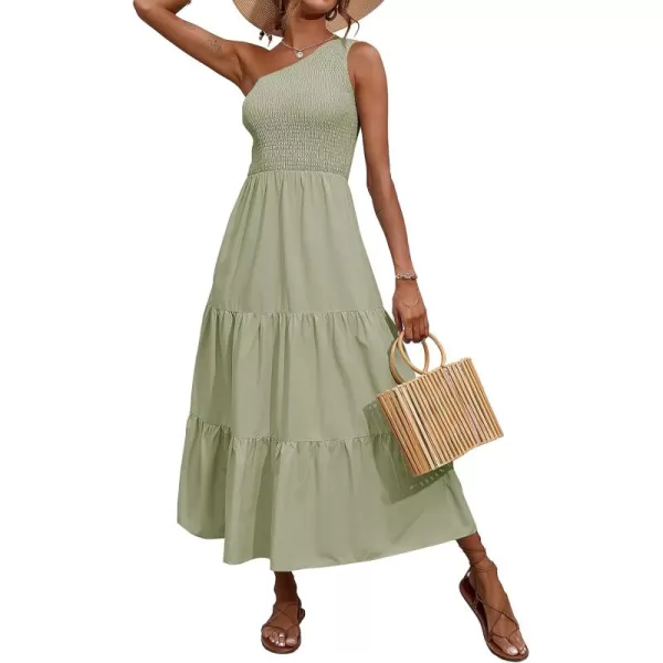 BTFBM Women One Shoulder Summer Dresses 2024 Sleeveless Casual High Waist Floral Flowy Beach Boho Smocked Maxi DressSolid Light Green