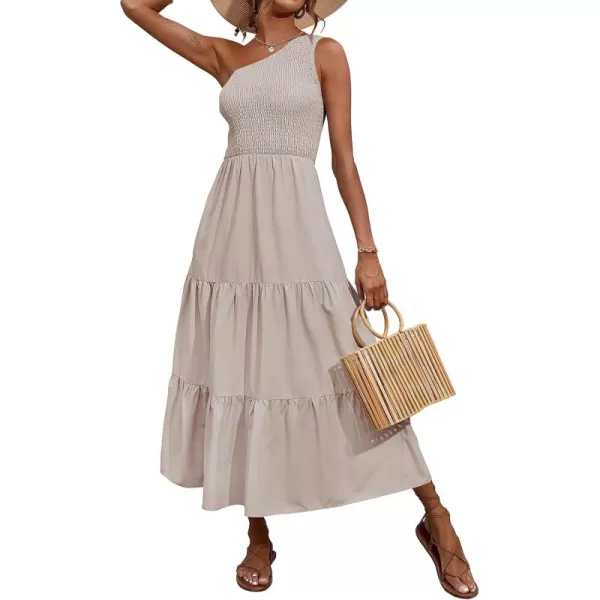 BTFBM Women One Shoulder Summer Dresses 2024 Sleeveless Casual High Waist Floral Flowy Beach Boho Smocked Maxi DressSolid Light Khaki