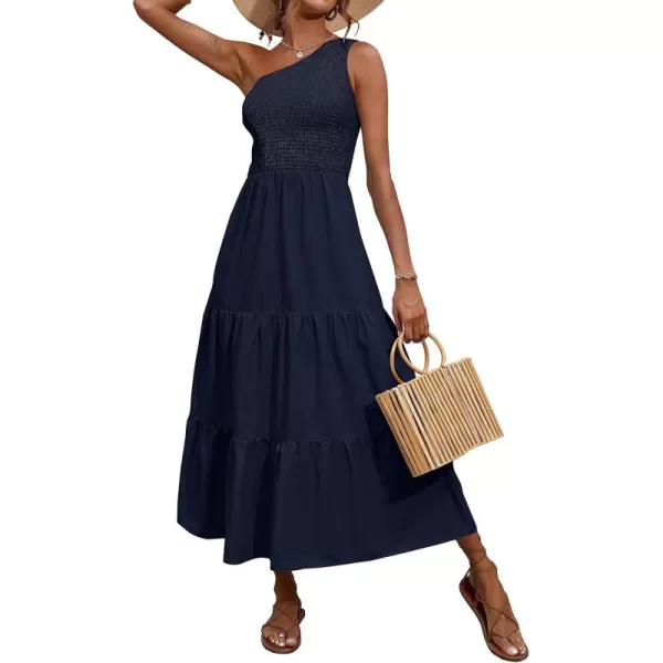 BTFBM Women One Shoulder Summer Dresses 2024 Sleeveless Casual High Waist Floral Flowy Beach Boho Smocked Maxi DressSolid Navy