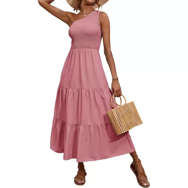 BTFBM Women One Shoulder Summer Dresses 2024 Sleeveless Casual High Waist Floral Flowy Beach Boho Smocked Maxi DressSolid Pink
