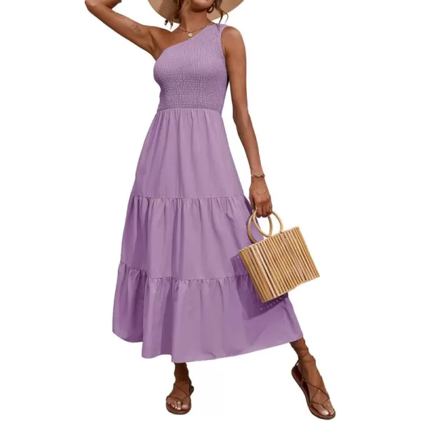 BTFBM Women One Shoulder Summer Dresses 2024 Sleeveless Casual High Waist Floral Flowy Beach Boho Smocked Maxi DressSolid Purple