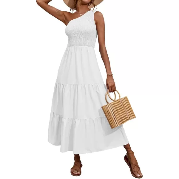 BTFBM Women One Shoulder Summer Dresses 2024 Sleeveless Casual High Waist Floral Flowy Beach Boho Smocked Maxi DressSolid White