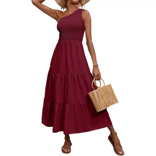 BTFBM Women One Shoulder Summer Dresses 2024 Sleeveless Casual High Waist Floral Flowy Beach Boho Smocked Maxi DressSolid Wine Red