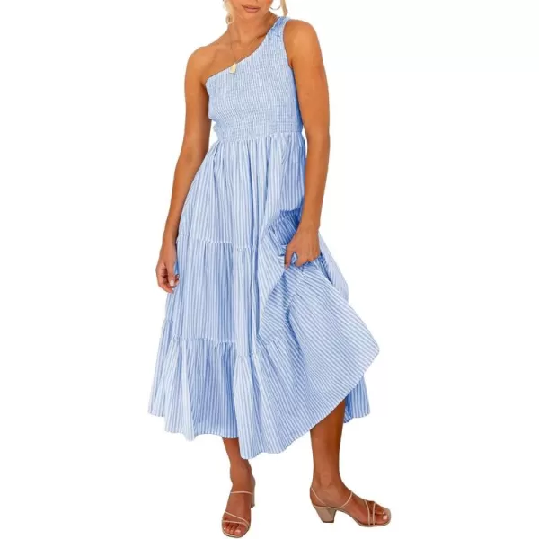 BTFBM Women One Shoulder Summer Dresses 2024 Sleeveless Casual High Waist Floral Flowy Beach Boho Smocked Maxi DressStriped Blue
