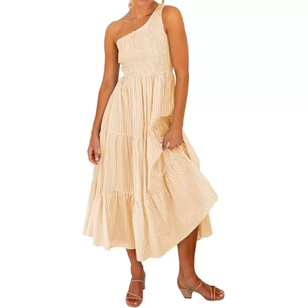 BTFBM Women One Shoulder Summer Dresses 2024 Sleeveless Casual High Waist Floral Flowy Beach Boho Smocked Maxi DressStriped Orange Yellow