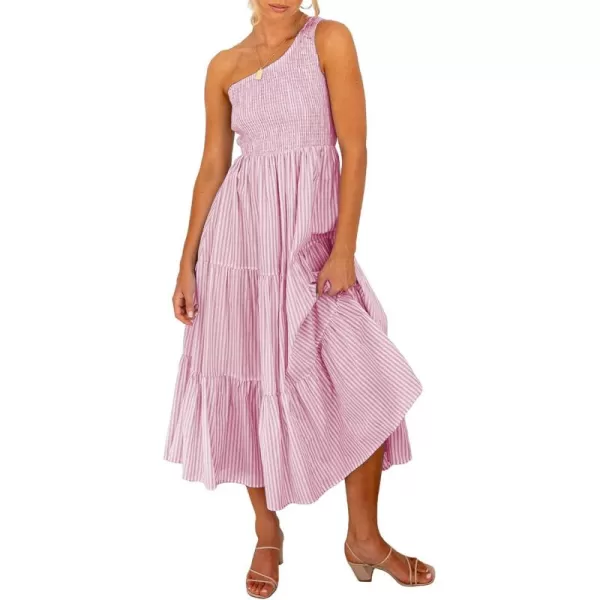 BTFBM Women One Shoulder Summer Dresses 2024 Sleeveless Casual High Waist Floral Flowy Beach Boho Smocked Maxi DressStriped Pink