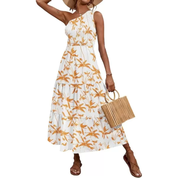 BTFBM Women One Shoulder Summer Dresses 2024 Sleeveless Casual High Waist Floral Flowy Beach Boho Smocked Maxi DressTree Yellow White