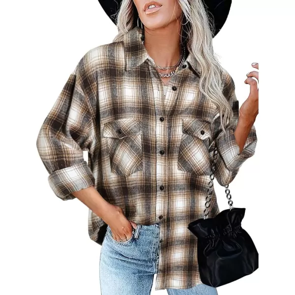 BTFBM Women Shacket Jacket Long Sleeve Button Down Casual Plaid Flannel Shirts Loose Fall Spring Blouses TopsPlaid Brown